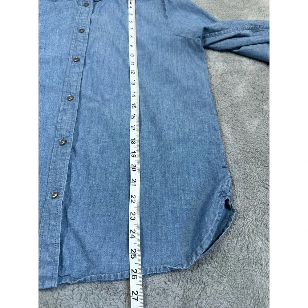 J Crew Classic Fit Ruffle Neck Chambray Shirt Women 8 Blue 100% Cotton Button Up